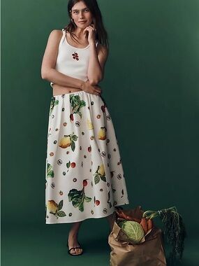 Anthropologie Jackie Poplin Maxi Skirt in Multi Veggie Print